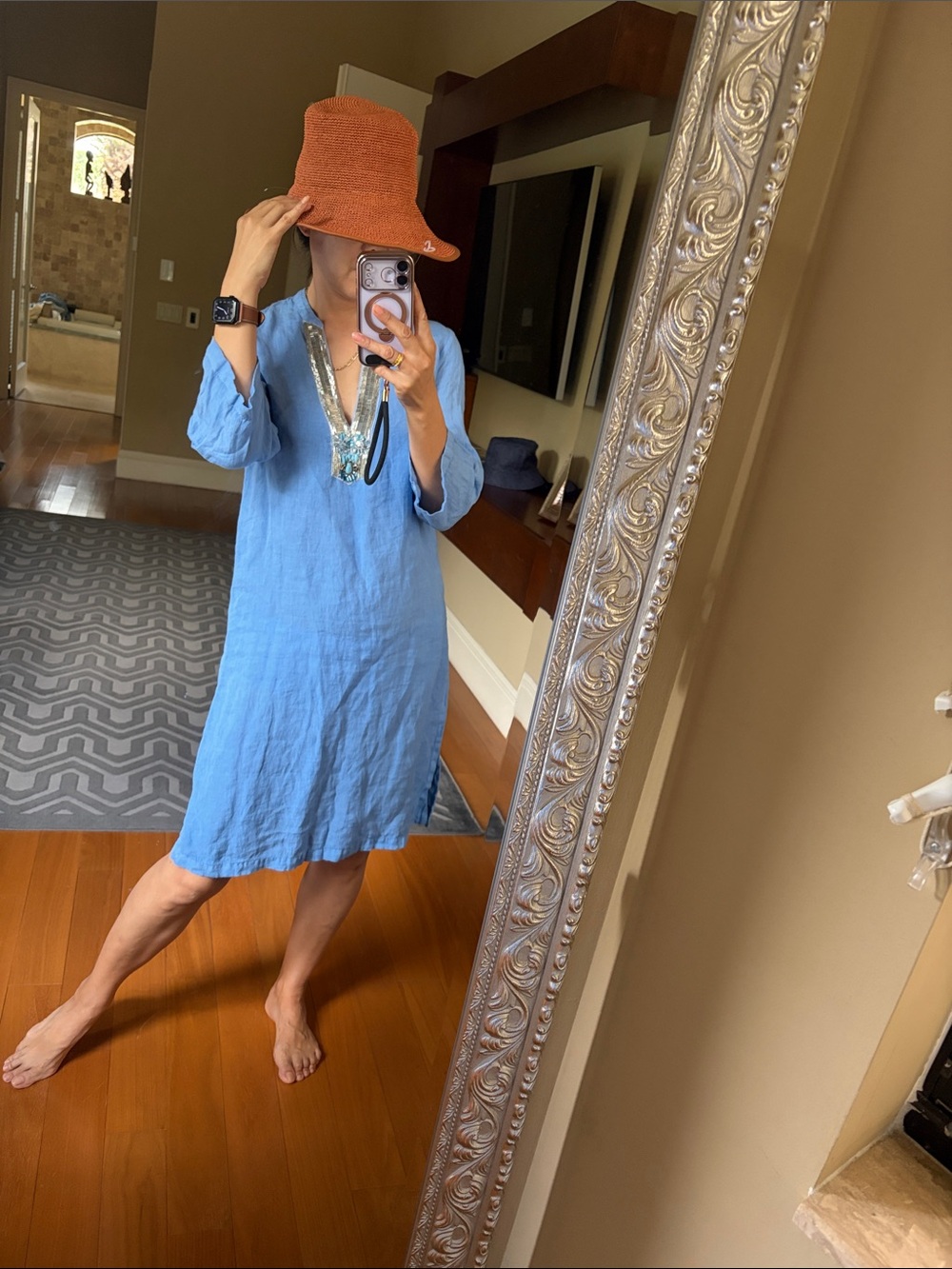 120% Lino Blue Embellished V-Neck Linen Dress